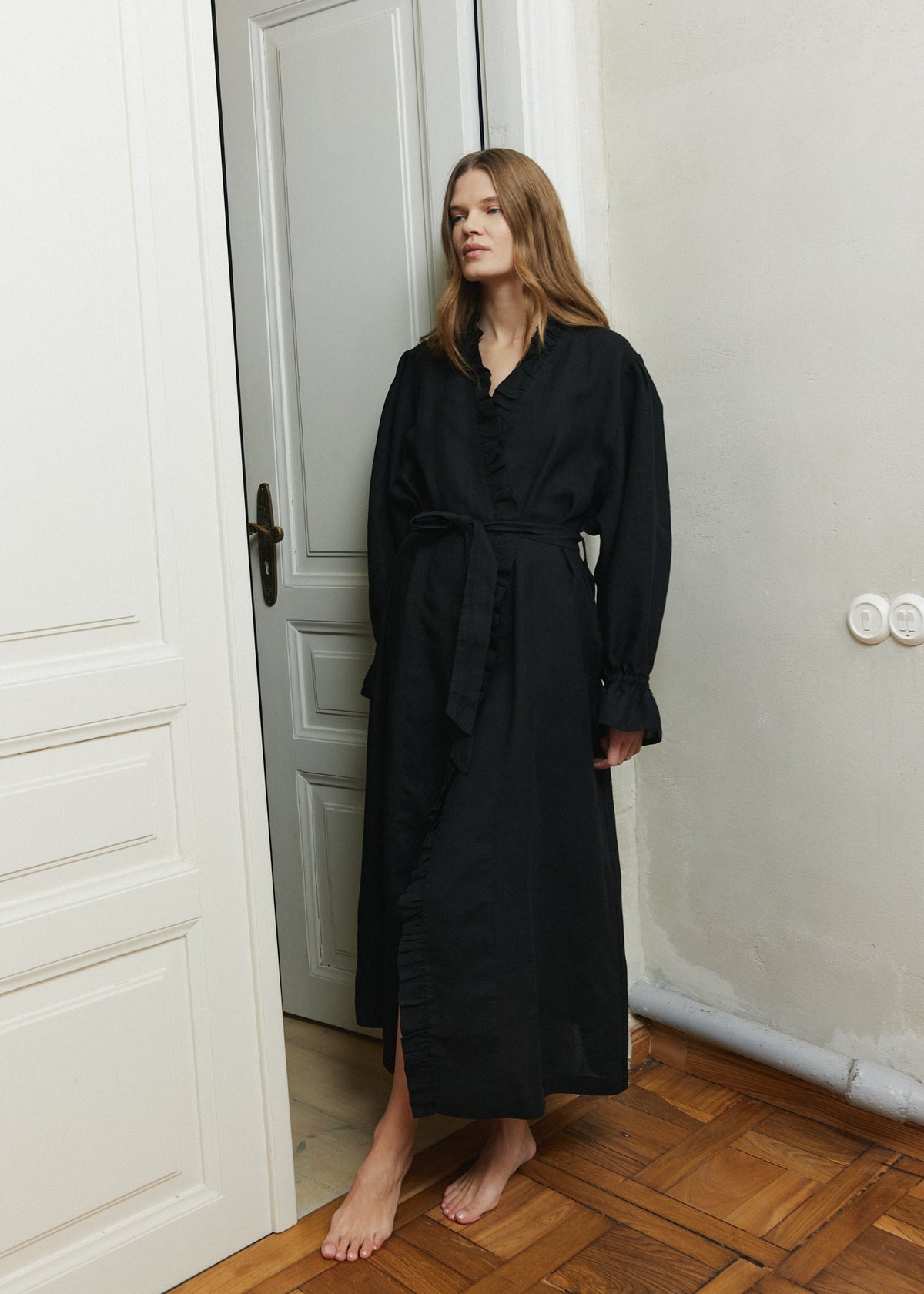 Black Linen Ruffle Robe