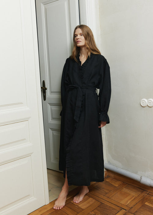 Black Linen Ruffle Robe