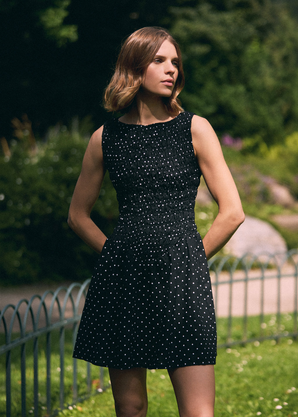 BLACK POLKA DOT SHIRRED LINEN MINI DRESS