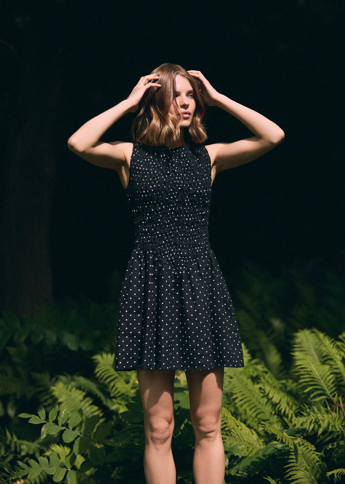 BLACK POLKA DOT SHIRRED LINEN MINI DRESS