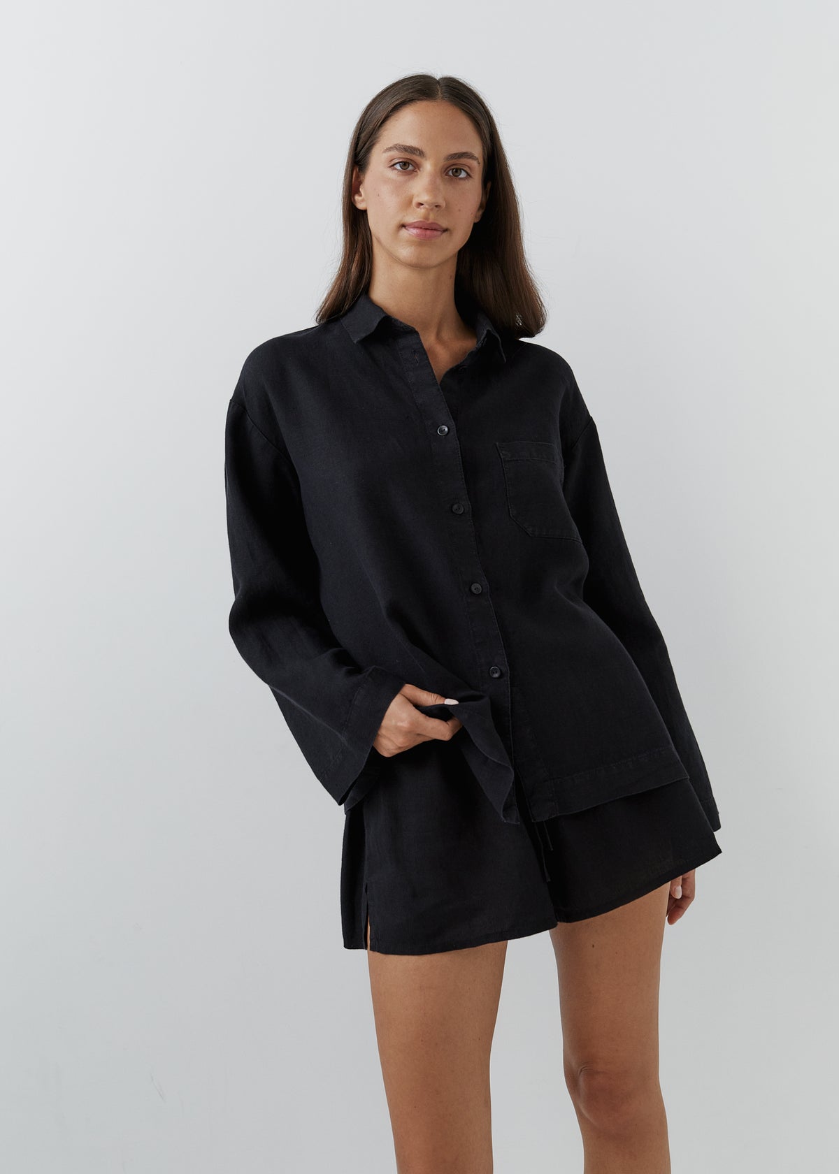 BLACK LINEN SHORTS PAJAMA SET