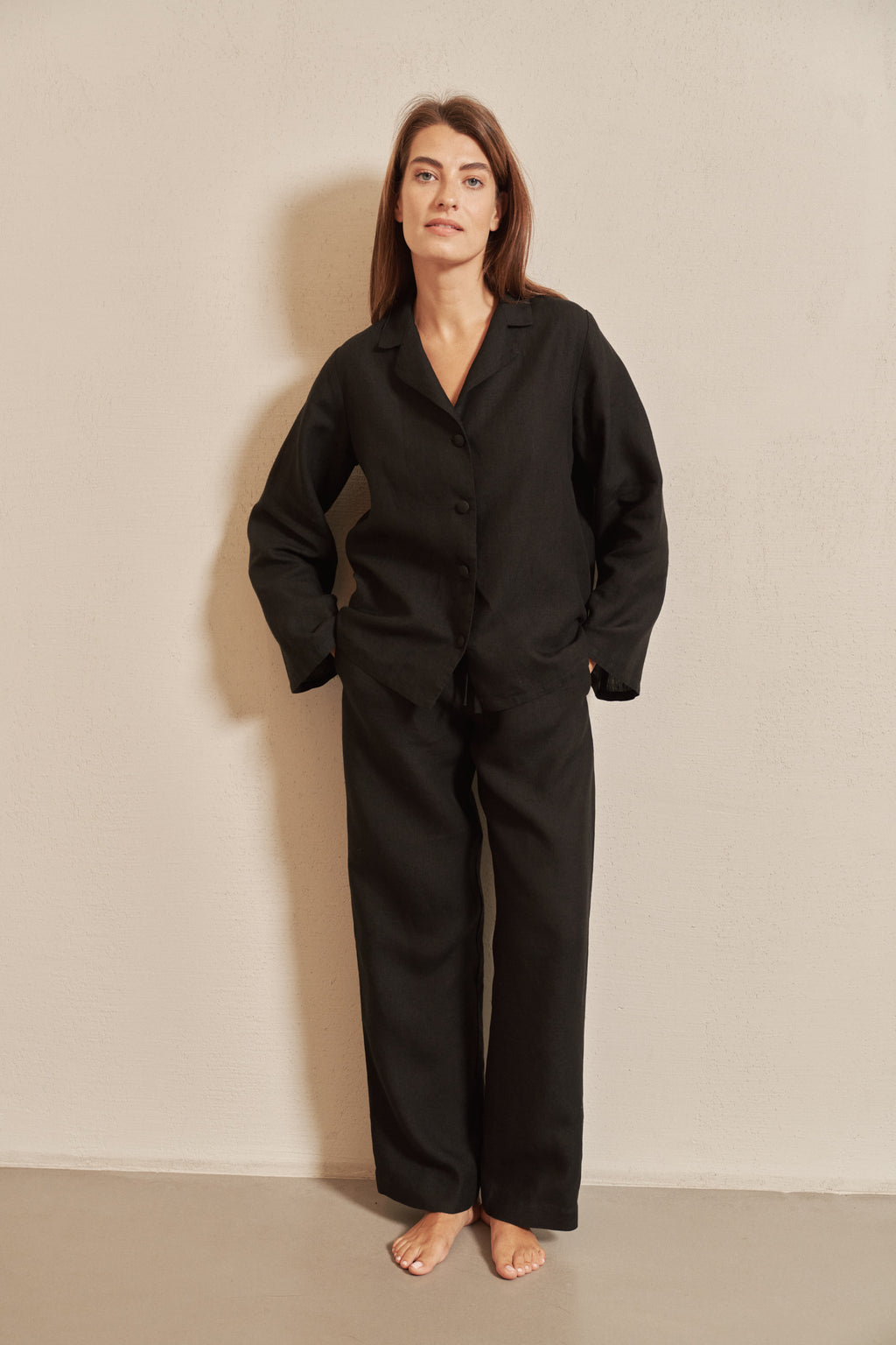 Black linen pajama set with flared sleeve shirt and wide-leg pants, women's pajamas, front view