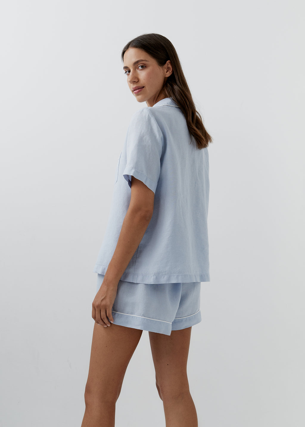 LIGHT BLUE LINEN PAJAMA SHORTS SET