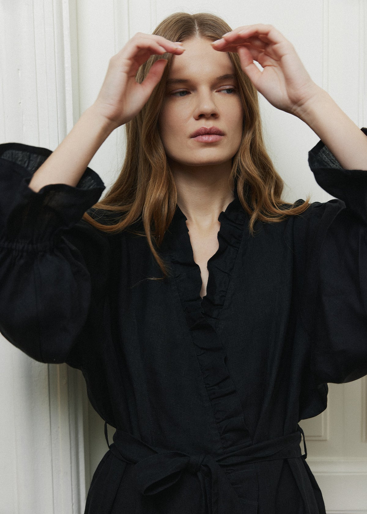 Black Linen Ruffle Robe