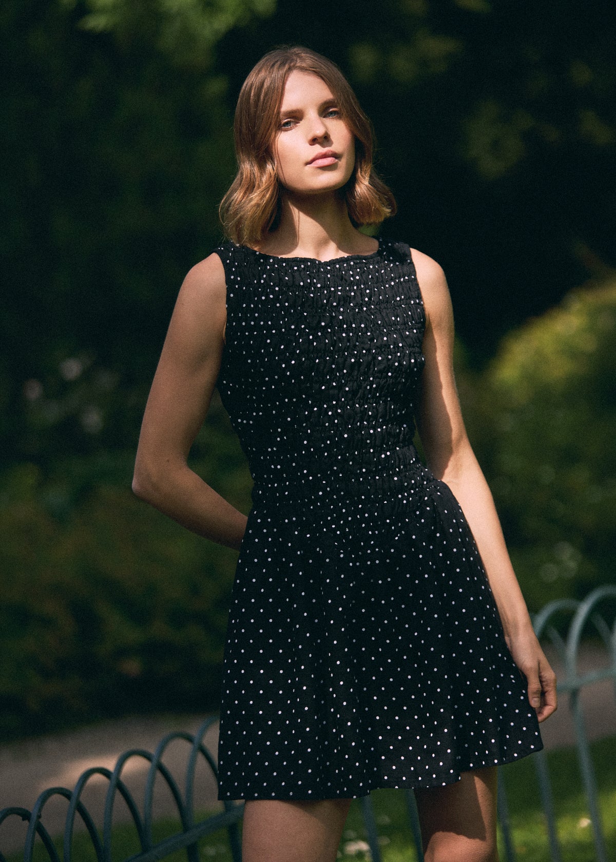 BLACK POLKA DOT SHIRRED LINEN MINI DRESS