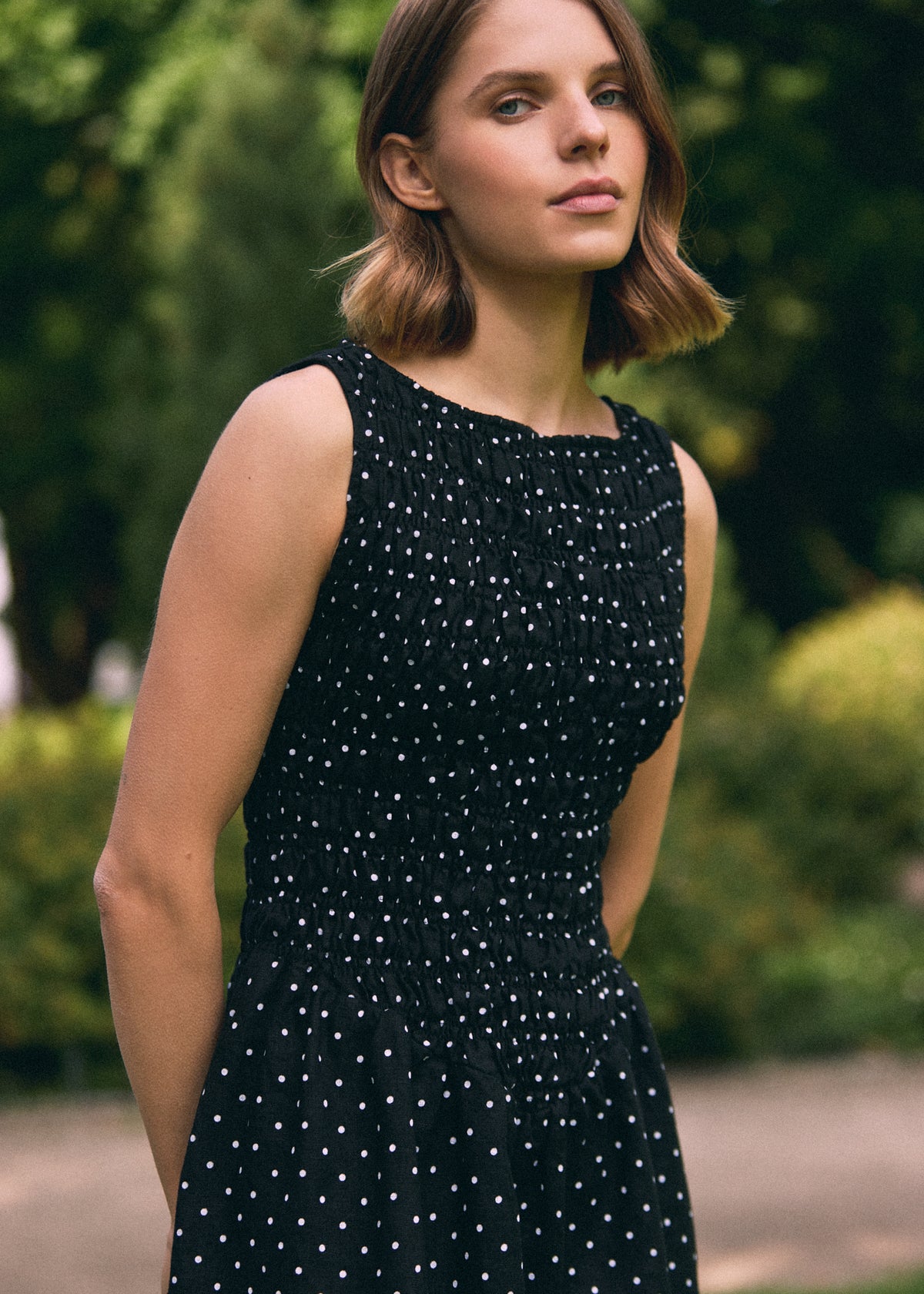 BLACK POLKA DOT SHIRRED LINEN MINI DRESS